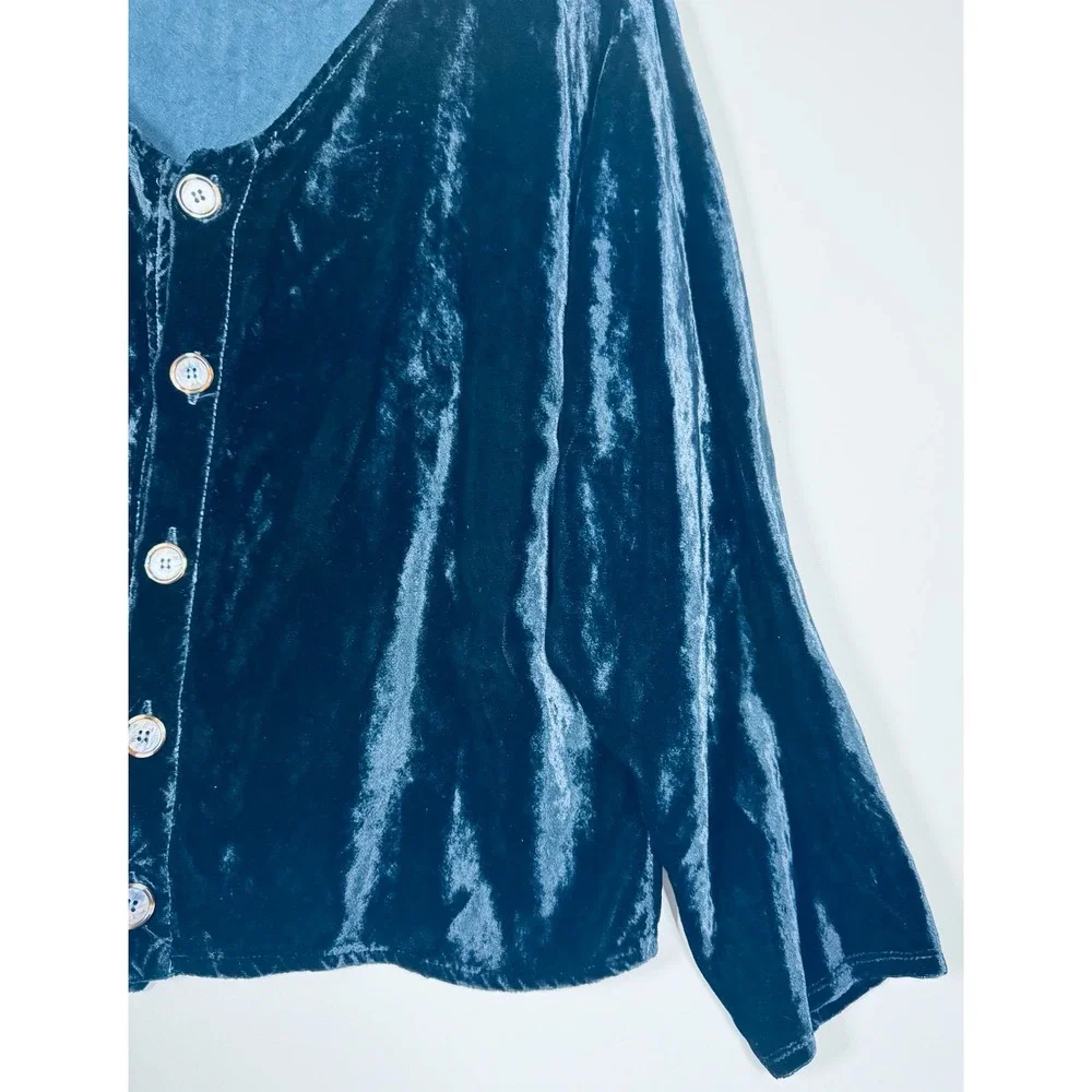 CP Shades SF Velvet Shirt Women Small Blue Rayon V Neck Button Front Boxy Top